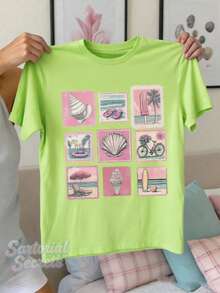 Summer New Style  T-Shirt With Sleeves Retro Stamps, Seashell Ice Cream, Surfing Board. Printed Casual Plus-Size T-Shirt. A Gift For Friends, Parents. - 螢光綠 - 查看 1