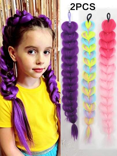 2 Pcs Braid Ponytail Extensions Synthetic With Hair Tie Wrap Around Hair Braid Extensions Tail Rubber Band Hair Ring For Kids