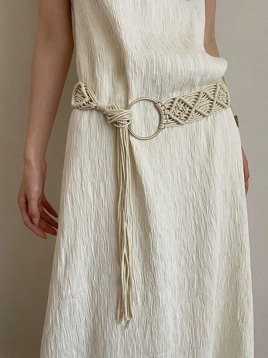 1 pieza Cinturón ancho de mujer estilo vintage con cuerda trenzada hueca, anillo de metal y borla, estilo de vacaciones francesas para decoración de vestidos - Dorado - Ver 1