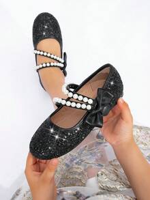 Spring/Autumn New Girls' Pearl Solid Color Fashion Minimalist Party Dance Flat Shoes - Black - View 1