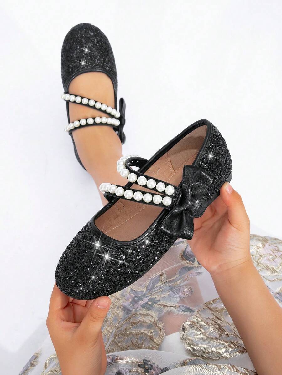 Spring/Autumn New Girls' Pearl Solid Color Fashion Minimalist Party Dance Flat Shoes - Black - View 1