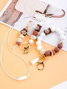 Bead Wrist Key Ring & Floral Phone Lanyard, Pot Head Coffee Keychain W/ Tassel, Gold Key Ring Lobster Clasp Nylon Lanyard, Boho Coffee Lover Bag Charm - 2830 - View 4