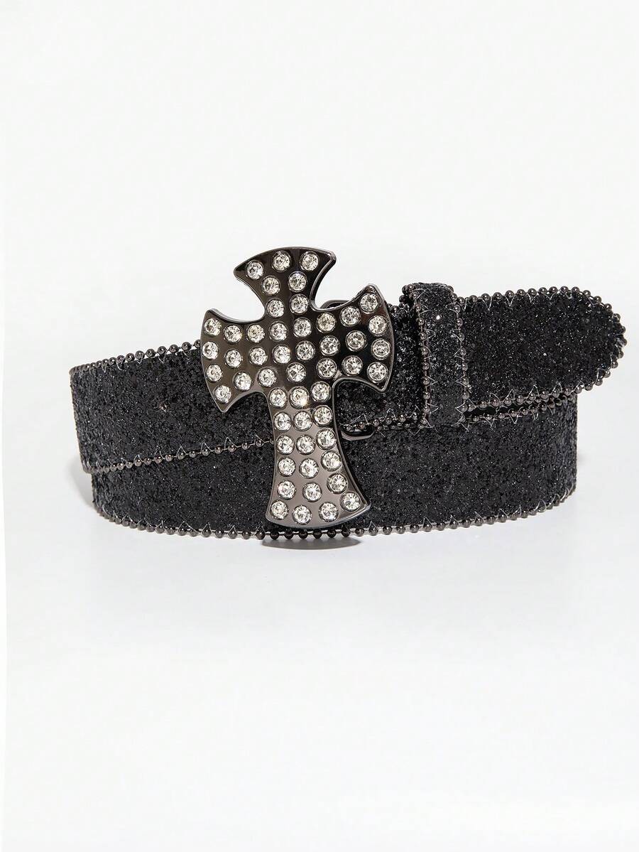 1 pieza Cinturón de con cruz de strass, estilo punk denim rock Y2K, con estrella y strass incrustado, accesorio versátil para jeans, adecuado para uso diario