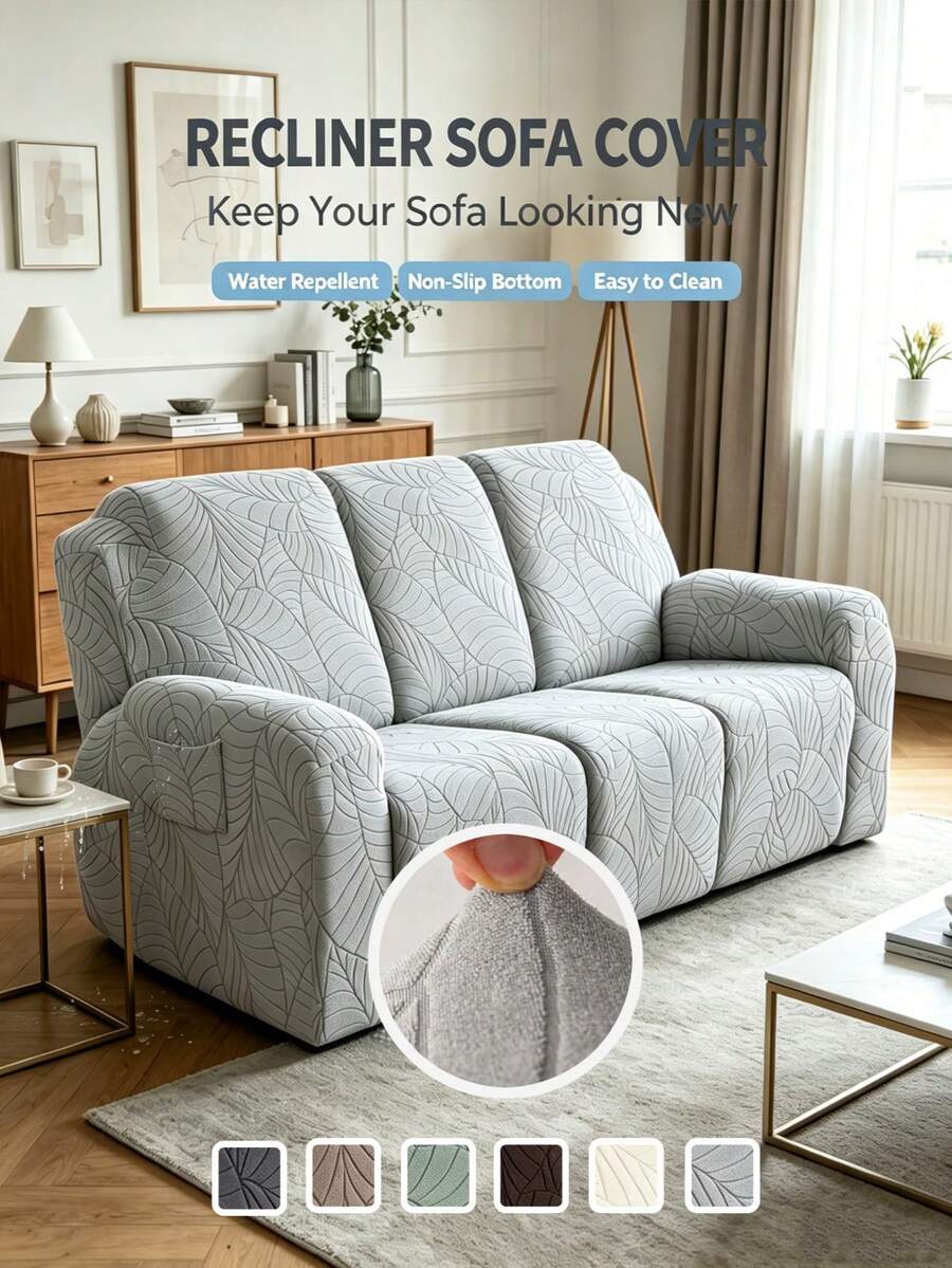Sarung Sofa Recliner 1/2/3 Tempat Duduk untuk Ruang Tamu, Motif Daun, Sarung Sofa Santai, Sarung Kursi Berlengan, Sarung Sofa Recliner Elastis, Sarung Furnitur - Light Grey - View 1
