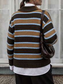 Women's Oversized Striped Polo Knit Sweater Long Sleeve Drop Shoulder Brown Knitted Fabric Button Detail Top For Fall - Brown - View 4