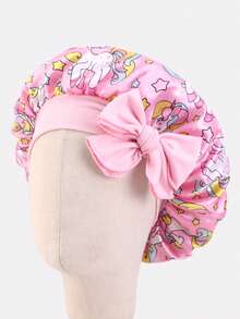 1 pieza Gorro de satén redondo con cinta elástica estampada para niños, adecuado para uso diario - Unicornio rosa - Ver 2