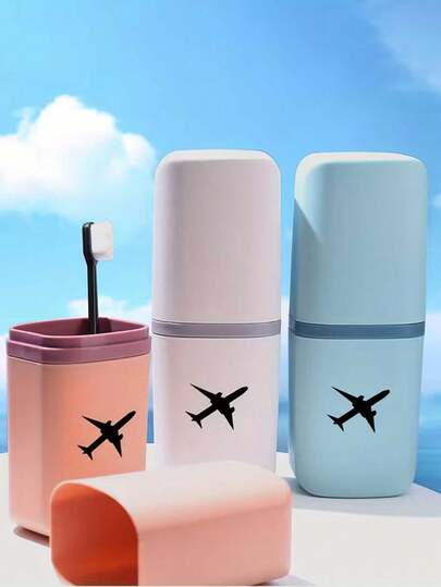 Airplane Pattern Travel Toothbrush Case - Portable Leak-Proof Plastic Toothbrush And Toothpaste Storage Tube, Travel Toothbrush Cup, Durable Compact Storage Box, Lightweight Dust-Proof Detachable Design (Can Be Used As A Mouthwash Cup), Compact Portable Toiletries Essential, Suitable For Business Trips, Flights, Camping, Vacations, Hotel Stays And Daily Outdoor Use; Suitable For Men, Women, Students, Couples, Travel Enthusiasts And Backpackers. Ideal Choice For Oral Care On The Go