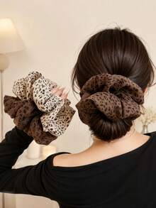 topshiny 2PCS Leopard Print Oversized Scrunchies Set, Soft Fabric Hair Ties, Elegant Ponytail Holders For Women - Multicolor - View 6