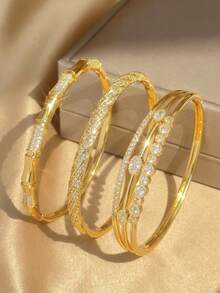 18K Gold Plated Bamboo Knot Twisted Multi-Zirconia Stackable Bracelet Set, Fade-Resistant Adjustable Gold Bracelet, Elegant Women's Jewelry, Suitable For Daily Wear And Wedding - Multicolor - View 4