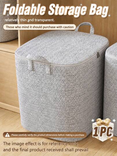 1pc Large Capacity Foldable Grey Fabric Storage Bag, Space-Saving Clothes Bedding Blanket Toy Organizer, Dust-Proof Home Storage Essential, Suitable For Dorm Student Apartment Bedroom Daily Use