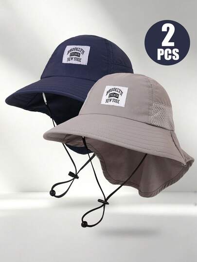 2pcs Kids Quick-Dry Mesh Neck Guard Flap Bucket Hat, Adjustable Chin Strap Outdoor Hat, Suitable For Beach, Hiking And Summer Daily Wear