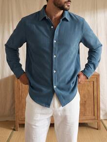 glestore Men's Retro-Style Solid-Color Long-Sleeve Casual Shirt: Corduroy, Suitable For Commuting, Leisure, And Vacations-A Versatile Style For All Seasons - Dusty Blue - View 5