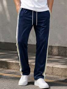 Men's Side Stripe Drawstring Sweatpants, Casual Loose Straight Leg Joggers, Breathable Quick-Dry Outdoor Sports Long Pants - Blue - View 5