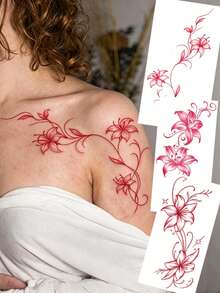 3 Sheets Red Watercolor Lily Floral Vine Temporary Tattoo Stickers, Waterproof Long Strip Fake Body Tattoos For Women Arm Leg Thigh Deco - Red - View 10