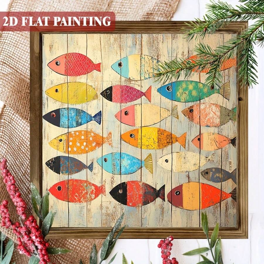 1pc 2D Flat Printed Rustic Coastal Style Decorative Hanging Plaque, Vintage Colorful Fish Wood Grain Folk Art Wall Decor, 8x8 Inch For Bedroom, Bathroom, Cafe, Office, Home Gift - A - View 1