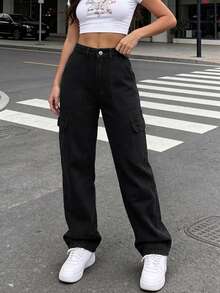 Women's Casual All-Match Mid-Rise Straight Leg Work Jeans Black - Black - View 5