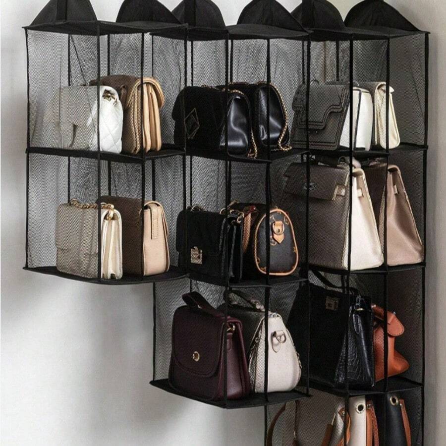 Compartment Hanging Handbag Organizer Transparent Wallet Storage Closet Space-Saving Organization System Suitable For Living Room Bedroom,Bedroom Room Decor,Back To School - Black - View 1