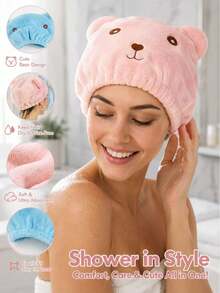 2/1pc Summer Cute Bear Hair Drying Cap, Super Absorbent Microfiber Bath Head Towel With Elastic Band, Quick Dry Soft Plush Hair Towel, Suitable For Bath, Pool, Beach And Daily Use, Lightweight Hair Care Accessory, Home And Travel Essential For All Hair Types - Thickened version - View 1