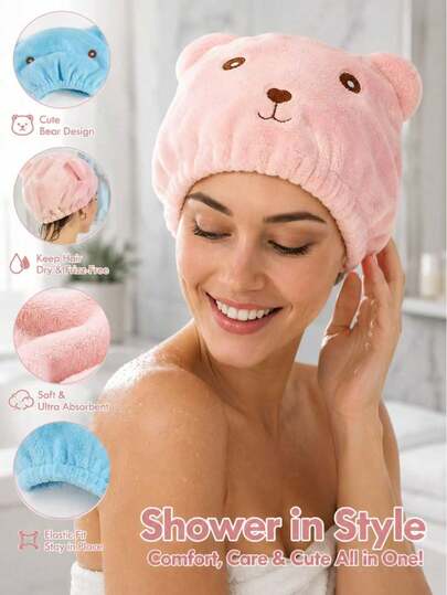 2/1pc Summer Cute Bear Hair Drying Cap, Super Absorbent Microfiber Bath Head Towel With Elastic Band, Quick Dry Soft Plush Hair Towel, Suitable For Bath, Pool, Beach And Daily Use, Lightweight Hair Care Accessory, Home And Travel Essential For All Hair Types