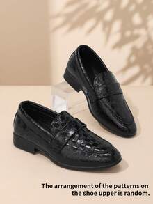 1 Pair Kids All-Season Black Pointed Toe Slip-On Loafers Crocodile Embossed Lace-Up Dress Shoes Suitable For Semi-Formal Occasions - Black - View 2