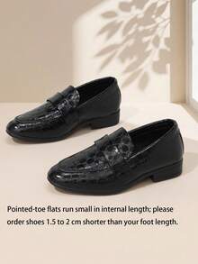 1 Pair Kids All-Season Black Pointed Toe Slip-On Loafers Crocodile Embossed Lace-Up Dress Shoes Suitable For Semi-Formal Occasions - Black - View 3