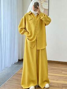 Solessence 2件組女款雙色布料套裝，商務辦公襯衫與寬腿長褲，彈性腰頭附口袋，優雅秋季穿搭 - 黃色 - 查看 2