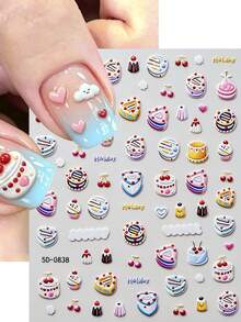 5D Relief Cute Cake Nail Art Stickers, 2 Sheets Embossed Sweet Cherry Heart Dessert Self-Adhesive Nail Decals, 3D Textured DIY Manicure Decoration For Women Girls - Multicolor - View 4