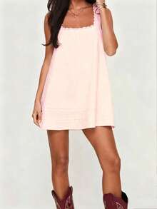 1 pieza Vestido mini elegante de unicolor con encaje de tela tejida y volante en el bajo, vestido de playa para mujer para primavera/verano - Rosa Pálido - Ver 4