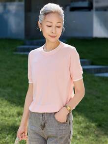 女款時尚粉色針織毛衣上衣，對比飾邊短袖上衣，適合萬聖節、感恩節、聖誕節假期穿搭 - 粉色 - 查看 3