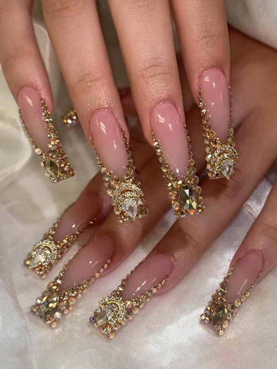 12pcs French Press-On Nails, Rectangular Design, Decorated With Large 3D Gold Glitter, Luxury Y2K Style, Smooth Surface, Full Coverage, Suitable For Women And Girls Daily Wear - Multicolor - View 1