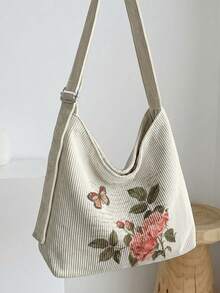 1pc Floral Print Corduroy Shoulder Bag, Large Capacity Zip, Adjustable Shoulder Strap Crossbody Tote For Ideal For Gifts, Date, Commute & Vacation - Multicolor - View 9