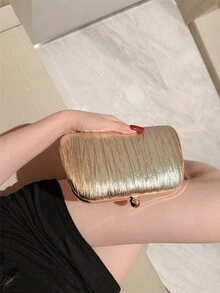 Moonlit Eve Bag 1個金色百褶迷你方盒手拿包，高端金屬雙珍珠鈕扣設計，優雅方盒晚宴包，適合派對女孩、新娘、大學生、職場新人與白領女性，適用於派對、舞會、婚禮，完美搭配舞會配件，附金屬鍊條 - 金色 - 查看 8