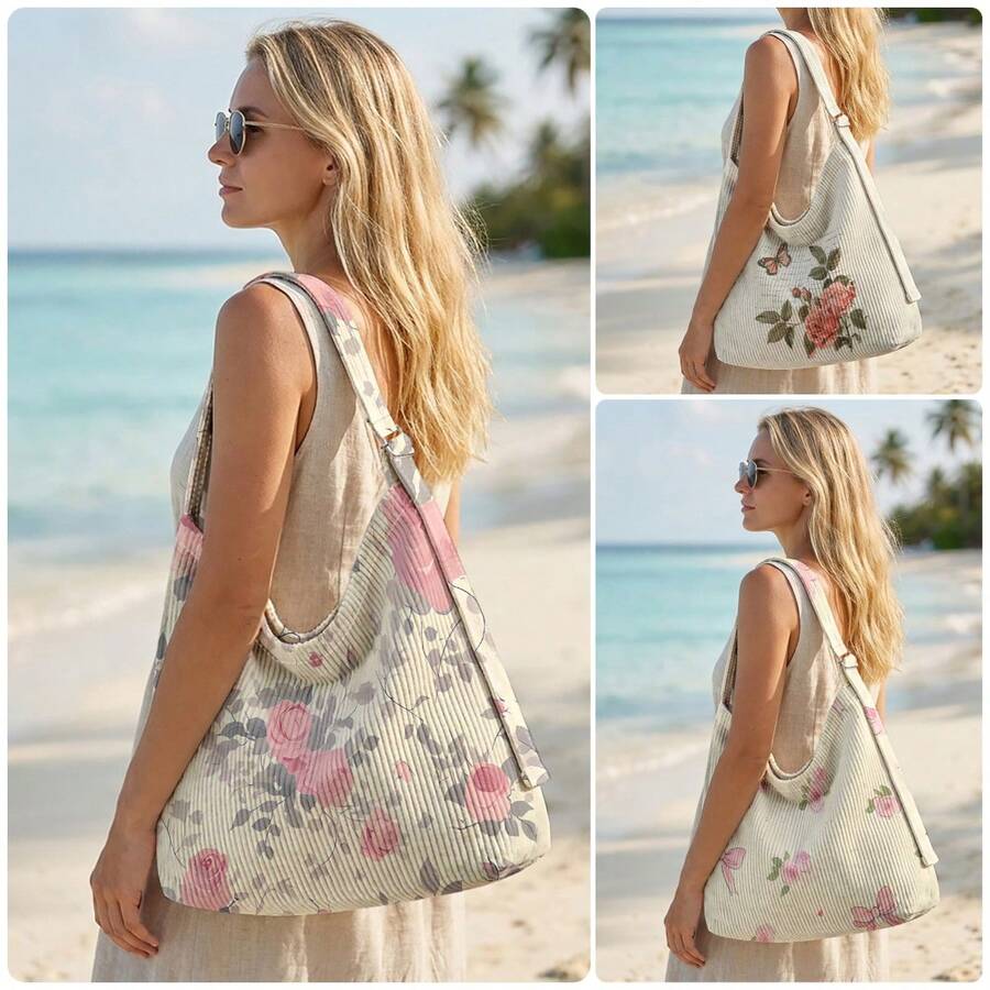 1pc Floral Print Corduroy Shoulder Bag, Large Capacity Zip, Adjustable Shoulder Strap Crossbody Tote For Ideal For Gifts, Date, Commute & Vacation - Multicolor - View 1