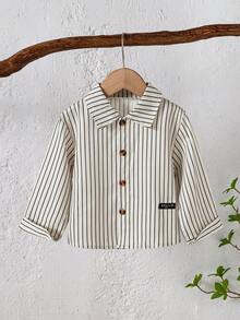 Baby Boy Autumn Simple Striped Collar Long Sleeve Shirt, Casual Comfortable Basic Style Cardigan, Spring Clothing - Apricot - View 3