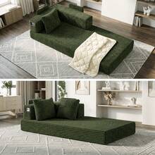 Sofá con cojín de compresión de 200 * 100 cm, sofá de suelo de baldosas de pana sin montaje con bolsillos de almacenamiento, sofá cama modular para salón o dormitorio. - Verde Oscuro - Ver 9