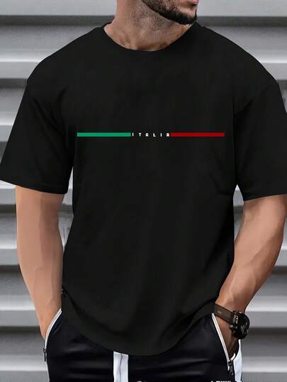 Men's Geometric Line Letter Print Casual Versatile Short Sleeve Shirt T Shirt Xiangpan Ming Selection Products