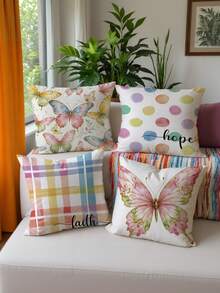 shangxia 4PCS- Ins Spring Watercolor Butterfly Pattern Printed Pillow Covers, Soft Rainbow Polka Dot Plaid Healing Inspirational Handwritten English Cushion Covers, Fresh Gentle Healing Atmosphere Soft Decor Essential - (Pillow Insert Not Included) - (Printed) - (No Embroidery) - Multicolor - View 6