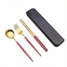 3pcs Spoon Fork Chopsticks Set With Storage Box Stainless Steel Coffee Snacks Fruit Dessert Fork Spoon Kitchen Teaspoon Set - Red - View 11