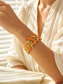 VceTd 1pc Romantic Style Colorful Enamel Leaf Design Stainless Steel Open Bangle Bracelet For Women, Suitable For Weddings, Travel, Or As A Valentine's Day Gift For Your Loved One - Yellow Gold - View 5