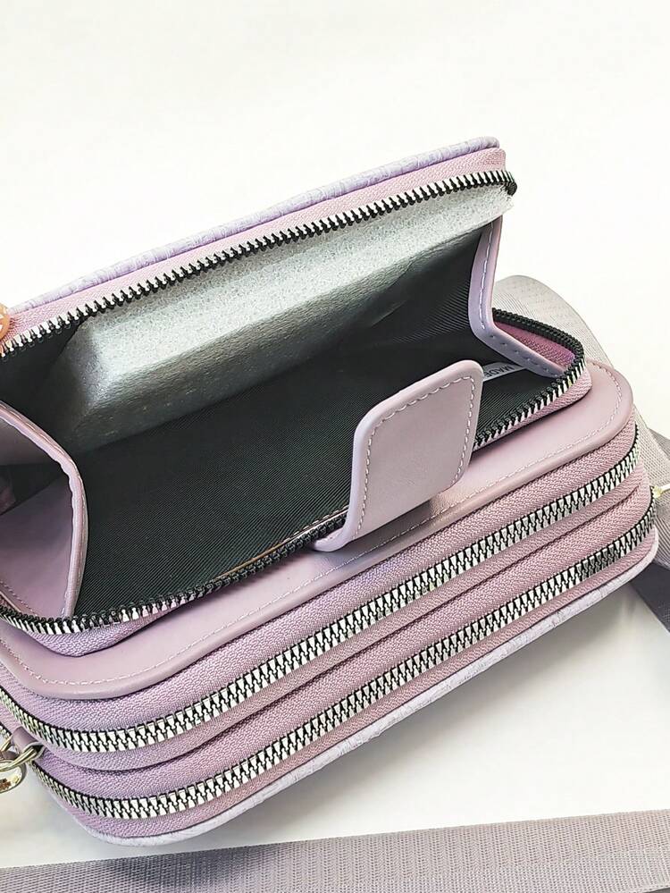 Nueva Cartera Multifuncional de Gran Capacidad con Doble Cremallera para Teléfono, Bolso Mensajero de Material Suave con Patrón Minimalista y Elegante para Uso Casual, Vacaciones y Citas - Púrpura malva - Añade 7