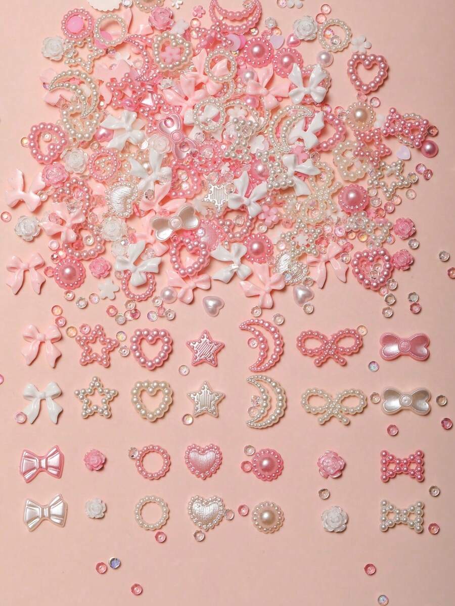 200入/包(隨機混色)珍珠白3D美甲飾品:鏤空愛心、蝴蝶結、星星、月亮與迷你白色造型(DIY/萬聖節風格) - 彩色 - 查看 1