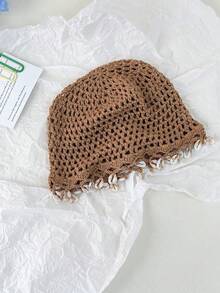1 Peça Touca de Crochê Feita à Mão com Borla de Concha para Mulheres, Moda Primavera/Verão Fina Y2K, Touca de Crochê Tricotada com Borla, Adequada para Uso Diário, Férias, Decoração de Fotografia Boêmia - Multicolorido - Visão 11