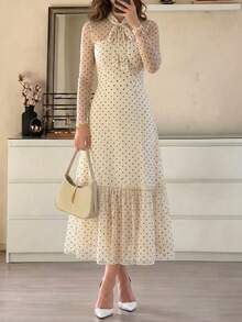 Rok Panjang Sedang dengan Leher Bulat dan Lengan Mengembang, Gaun Lengan Panjang Model A-Line Berenda Elegan dengan Motif Polkadot, Pakaian Sehari-hari yang Lembut untuk Wanita di Musim Semi dan Gugur. - Aprikot - View 7