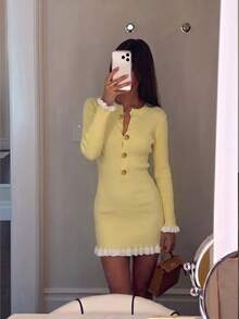 Women's Autumn/Winter Pale Yellow Ribbed Knit Fitted Mini Dress, Round Neck With Gold Buttons, White Ruffle Hem, Vacation Street Style Fall - Yellow - View 10