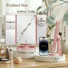 HOODINK Makeup Mirror, Tri-Fold Lighted Adjustable Vanity Makeup Mirror With 21 LED Lights, Touch Screen And 10X/3X/2X/1X Magnification, Two Power Supply Modes Make Up Mirror, 360° Rotation, Top Valentine's Day Gifts For Her(Rose Gold) - 玫瑰紅 - 查看 7