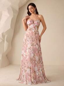 [Patrón Floral de Corte Aleatorio]Vestido de Noche Elegante con Estampado Digital de Acuarela, Sin Mangas, con Cordones en la Espalda, Plisado de Gasa y Vuelo Elegante - Rosa - Ver 2