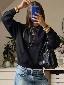 女款秋冬新款純色抽繩設計口袋休閒百搭寬鬆上衣，時尚日常穿搭 - 黑色 - 查看 1