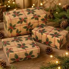 1pc Vintage Holly Berry & Red Plaid Christmas Wrapping Paper Roll, Kraft Paper Gift Wrapping Paper, Rustic Style Christmas Wrapping Paper, Farmhouse Decor, For Gift Wrapping (17in X 197in) - Christmas Wrapping Paper - View 8
