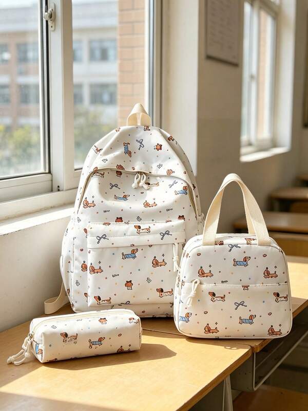 3-Piece Fashionable Collegiate Style Bow/Dog Print Backpack Set, Includes Backpack, Lunch Bag And Pencil Case, With Laptop Compartment, Adjustable Straps, Multi-Pocket Large Capacity Student School Bag Set, Suitable For Girls/Teens/College Students/Graduates Daily Use/Vacation/Travel/Back To School