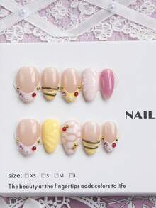 10pcs Handmade Medium Almond Shape Classic French Pressed Flower False Nails, Gold Beads With Hand-Carved Floral Design, Pink Yellow Solid Color, Red Gold Pink Polka Dot Pattern, Suitable For Party, Dance, Daily Wear, Comes With Tool Set, Perfect Gift For Women And Girls - Multicolor - View 1